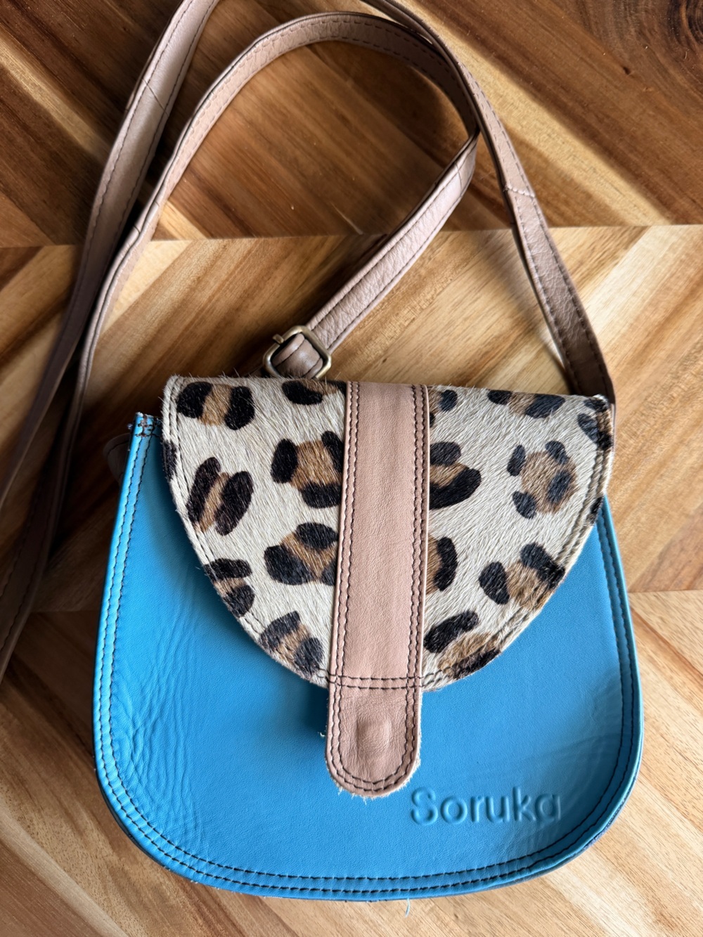 Leopard Print Faux-Hair Crossbody with Turquoise Panel